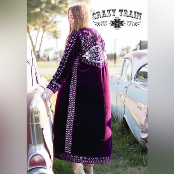 Crazy Train Purple Velvet Beaded Embroidered Western Duster Kimono Jacket S - Picture 2 of 16